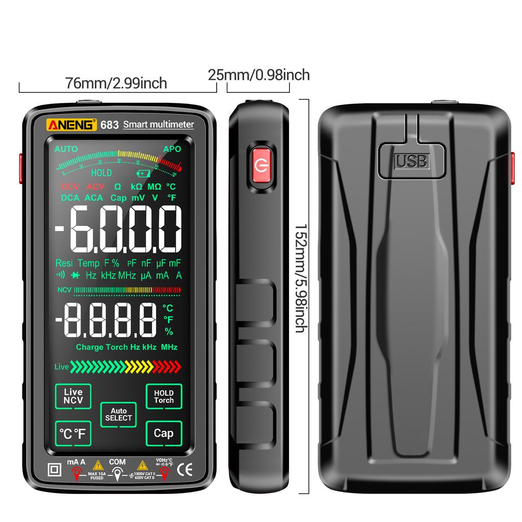 683 6000 Counts Large   Digital Multimeter Smart Anti-burn Rechargeable   Meter   Reverse Display NCV Tester with Flashlight