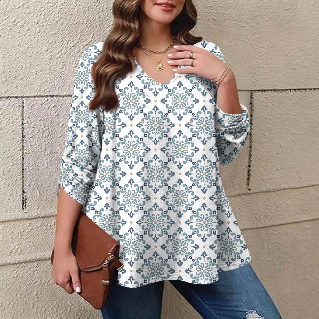 Women's Plus Size Fashion Printed Casual Pleated Round Neck Long Sleeve Top