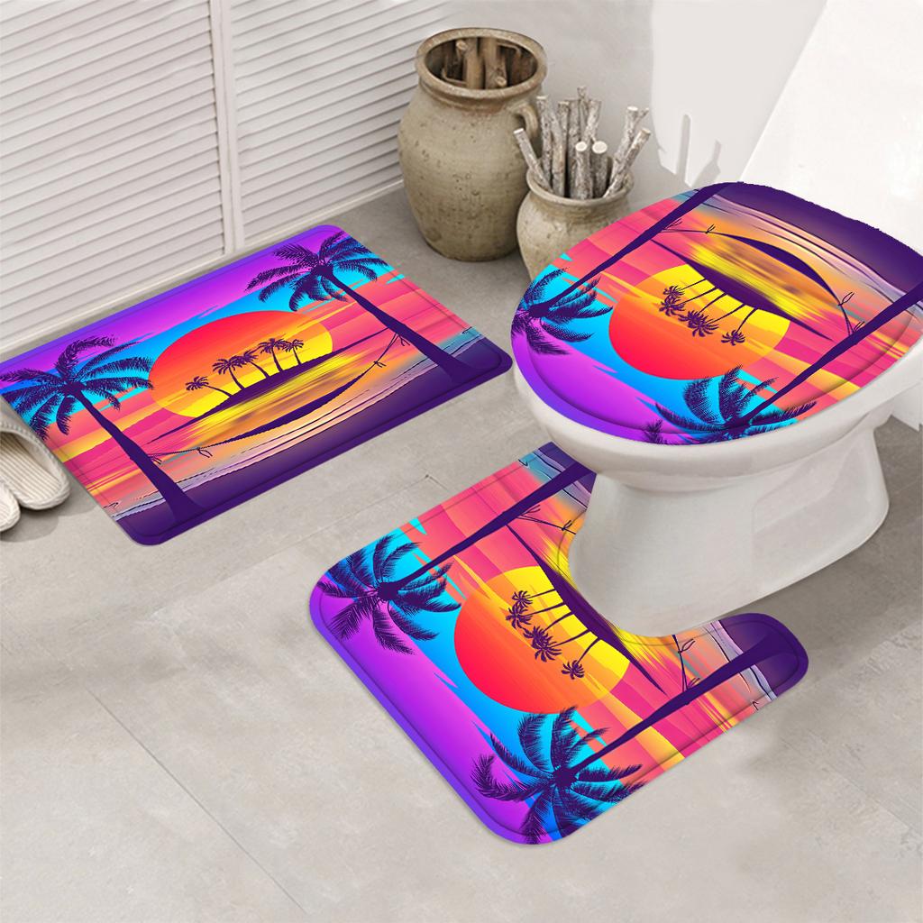 Coconut Tree Decorative Shower Curtain Bathroom Set - Machine Washable, With 12 Hooks, Including Toilet Seat Cover And Bathtub