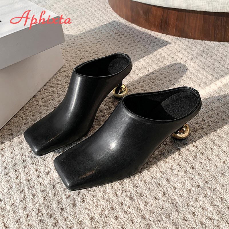 Aphixta 6.5cm High Heels Elegant Women Slides Square Toe Shallow Summer Dress Slides Sexy Metal Strange Style Heels Shoes Size42