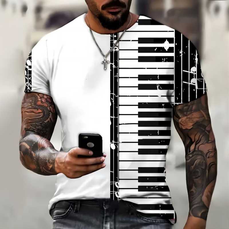 Мужская летняя свободная повседневная футболка с круглым вырезом и принтом пианино Key Notes, модная уличная динамичная одежда с коротким рукавом больших размеров