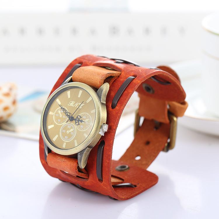 Мужские ретро кварцевые часы с широким ремешком из натуральной кожи