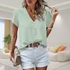 Women's V-Neck Short Sleeved  Solid Color Fashionable Button Top