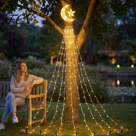 Outdoor Christmas Star Lights Solar Tree Waterfall Light, 11.5FT 346 LED Powered String Light Lawn Lamp Decor with Moon Topper for Garden, Yard,