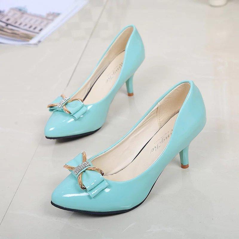 Spring and autumn high heels shallow mouth women's single shoes sweet thin heels pointed bow Korean version professional four seasons work leather sh