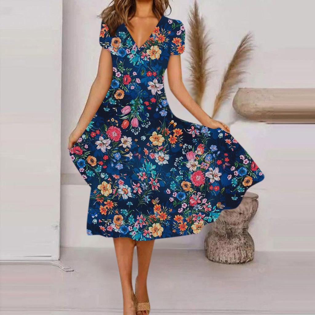 Women's Summer Casual Fashion Floral Print Short Sleeve V-Neck Swing Dress