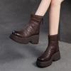 Versatile Genuine Leather Short Boots Retro Round Toe Thick Soled Wedges Women's Shoes