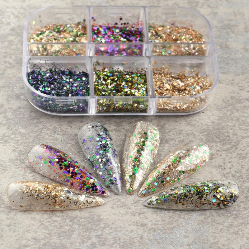 6 сеток/коробка Украшения для ногтей Блестки для ногтей Пудра Блестки Хлопья Аксессуары для ногтей