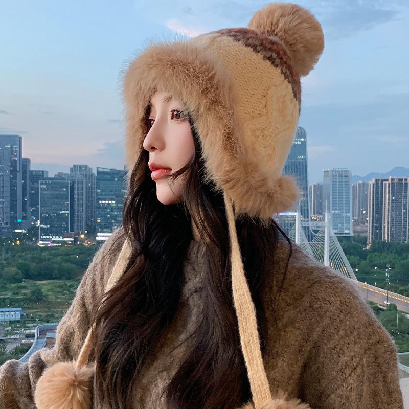 Осенне-зимняя шапка женская милая шапка бини с помпоном защита ушей теплая шапка