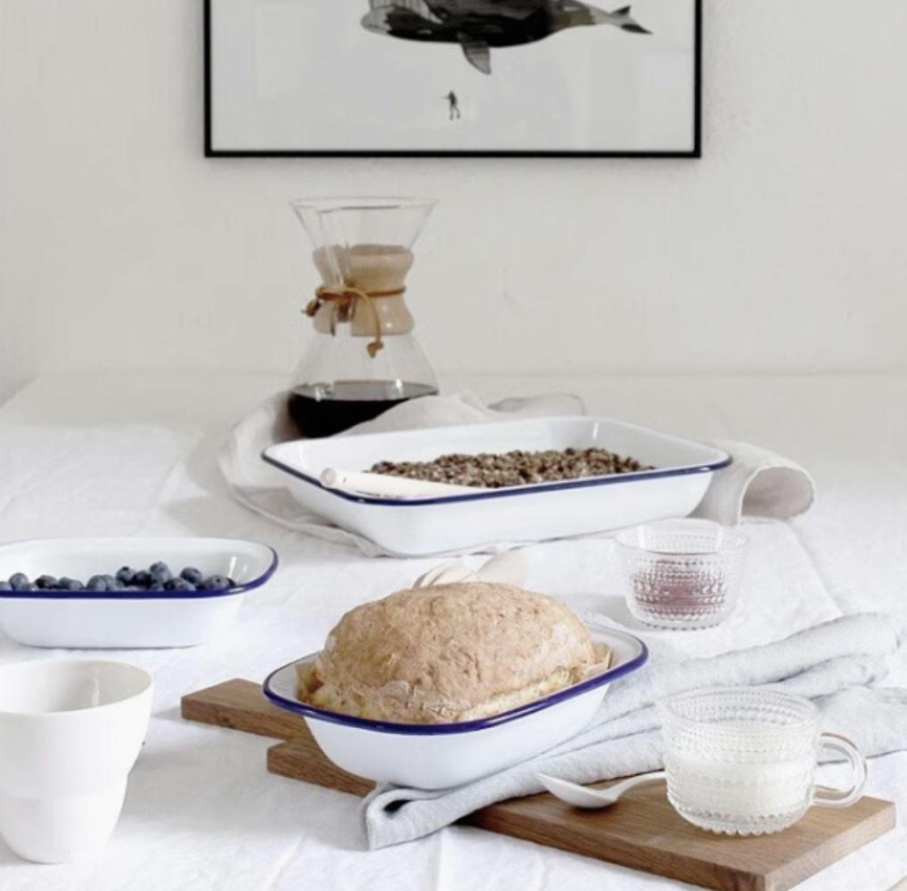 Ретро эмалированный прямоугольный поднос – Красный и синий ободок, тарелка для выпечки и обеда для домашнего использования