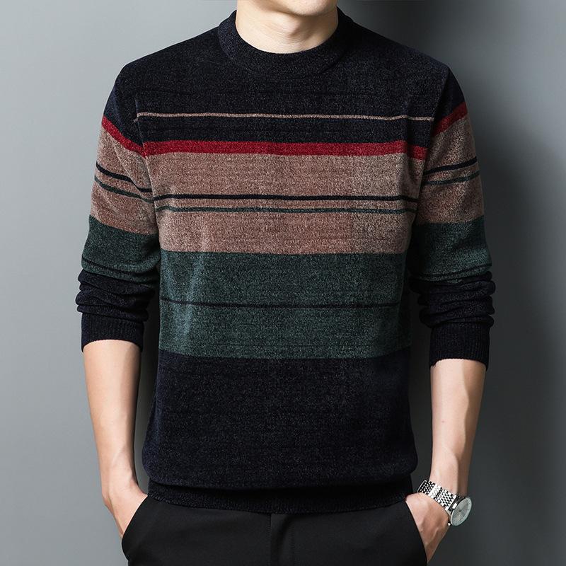 Мужской зимний теплый свитер на флисовой подкладке - пуловер с круглым вырезом и геометрическим узором, повседневный трикотажный топ с длинными рукавами, стандартный крой для выходов и выходов