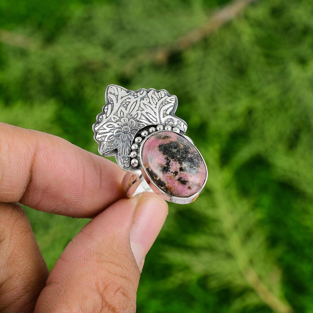 Oval Natural Rhodonite Solitaire Statement Heart Chakra New Ring Sterling Silver
