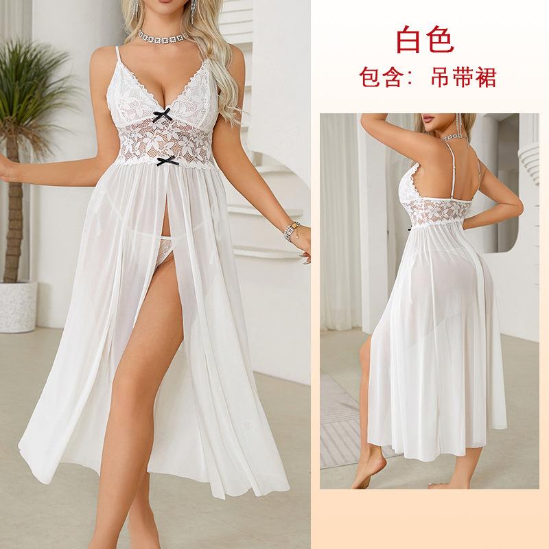 Large size erotic underwear sexy mesh lace pajamas split suspender skirt long loungewear pajamas