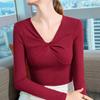 Red V-neck Bottoming Shirt 2025 New Women's Autumn Fashion Foreign Style Fashionable Pleated Slim-fitting Long-sleeved Top