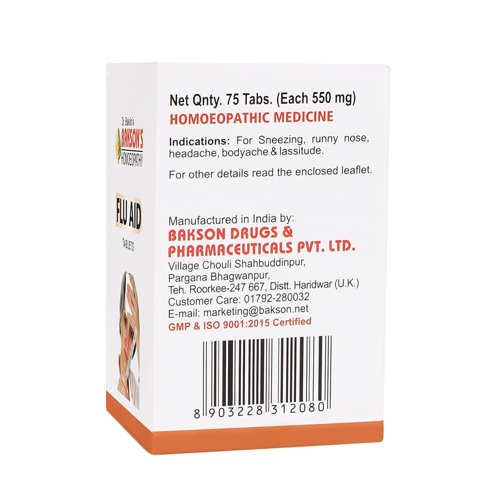 Dr Bakshi's Bakson's Homoeopathy Flu Aid Tablets 75 Count Seasonal Wellness Support Travel Friendly Daily Comfort