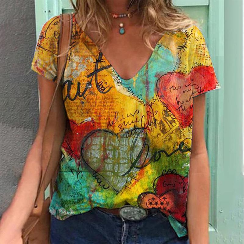 Цветная уличная ретро-футболка с короткими рукавами и V-образным вырезом в форме сердца для девочек, женская футболка с 3D-принтом в стиле Харадзюку
