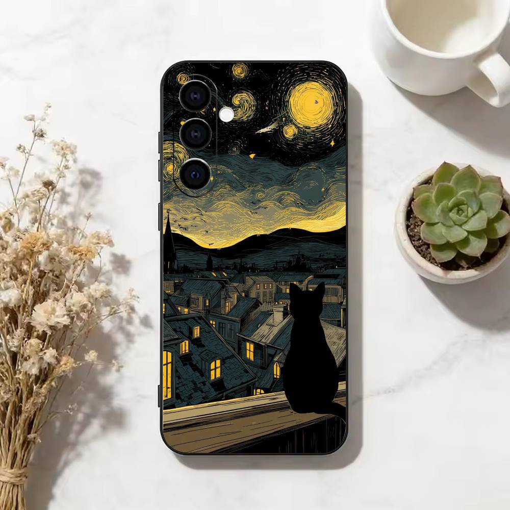 Забавный Кот в Стиле Ван Гога Чехол для Телефона для Samsung Galaxy A73, A72, A71, A70, A53, A52, A51, Других Мягкий Черный Чехол