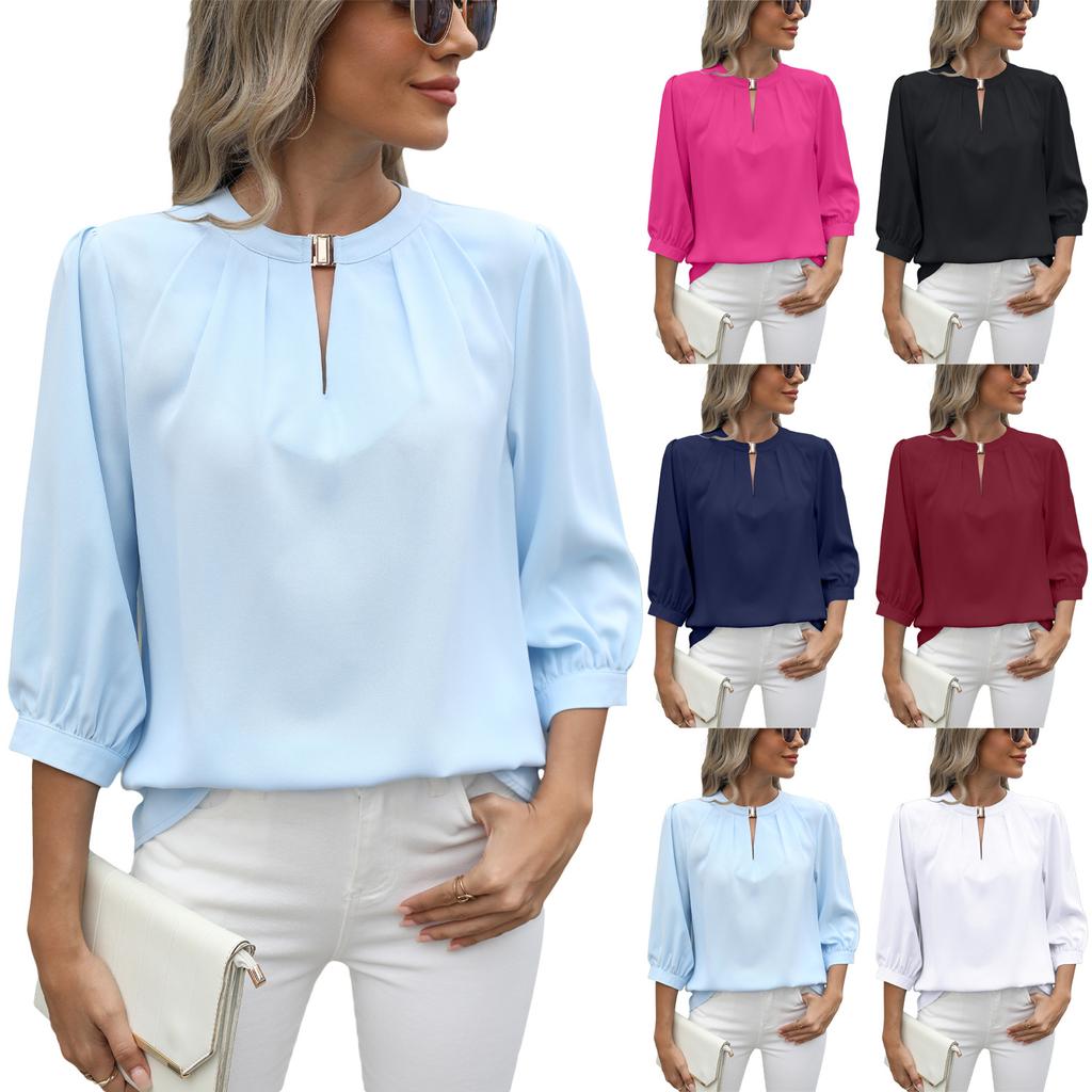 Женская весна-лето с коротким рукавом и круглым вырезом, однотонная рубашка-пуловер, блузка, топ