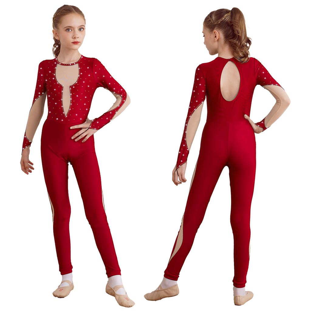 Kids Girls Shiny Gymnastics Unitard Bodysuit Long Sleeve Back Keyhole Mesh Patchwork Ice Skating Jumpsuit