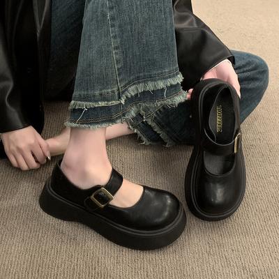 Маленькие кожаные туфли женские ретро британский стиль весна 2025 новые большие круглые туфли Мэри Джейн толстая подошва увеличивающая рост кекс