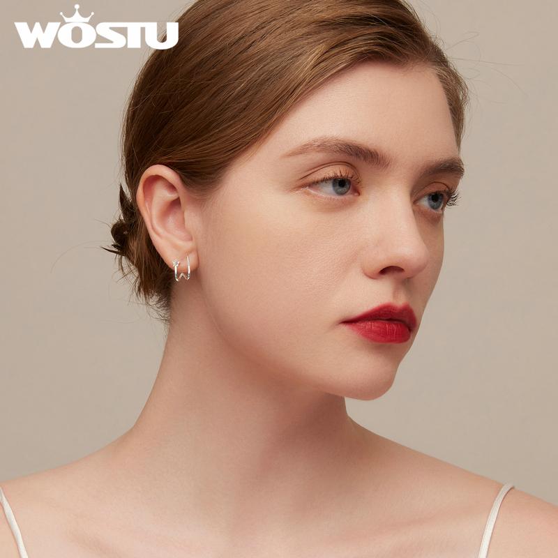 WOSTU 925 Sterling Silver Star & Moon Stud Earrings For Women Simple Style Zircon Ear Hooks Fine Jewelry Gifts