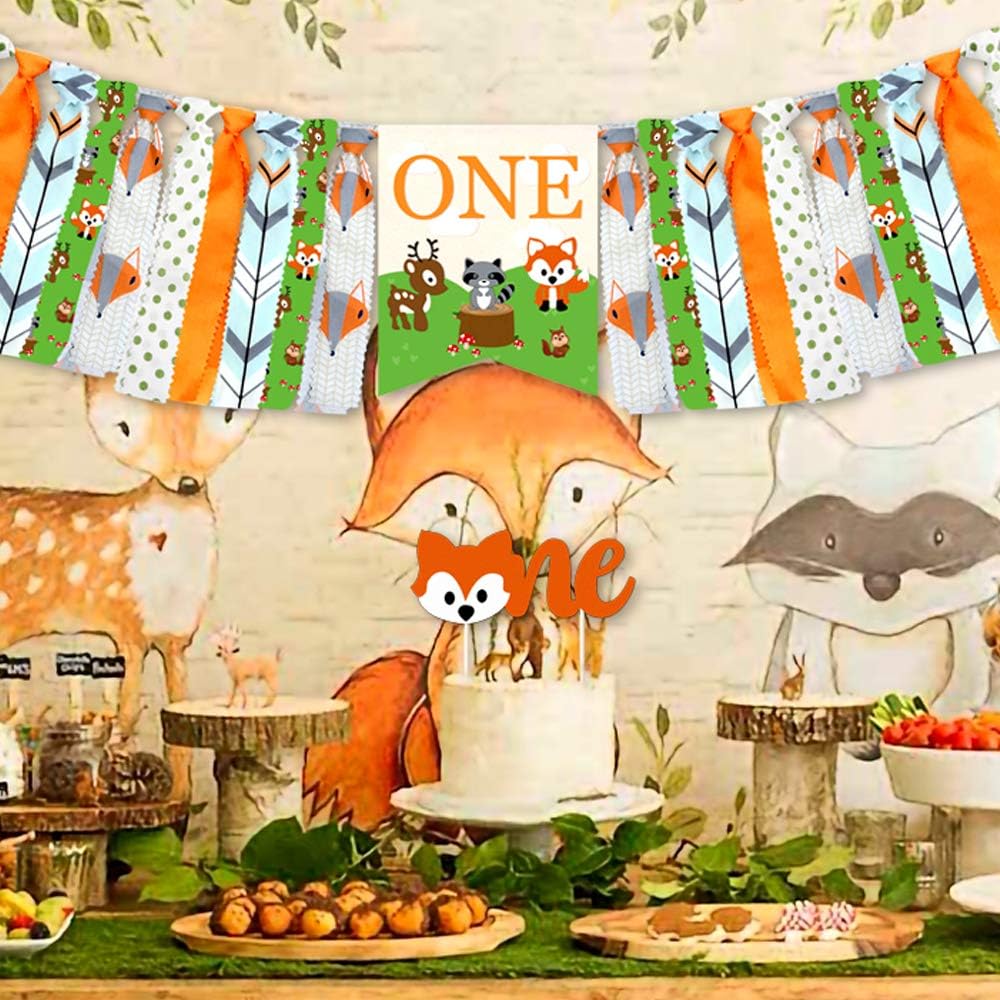 Woodland Animal 1st Birthday Decoration,Woodland Creatures High Chair Banner Baby First Birthday Crown Fox ONE Cake Toppers for Wild One Birthday