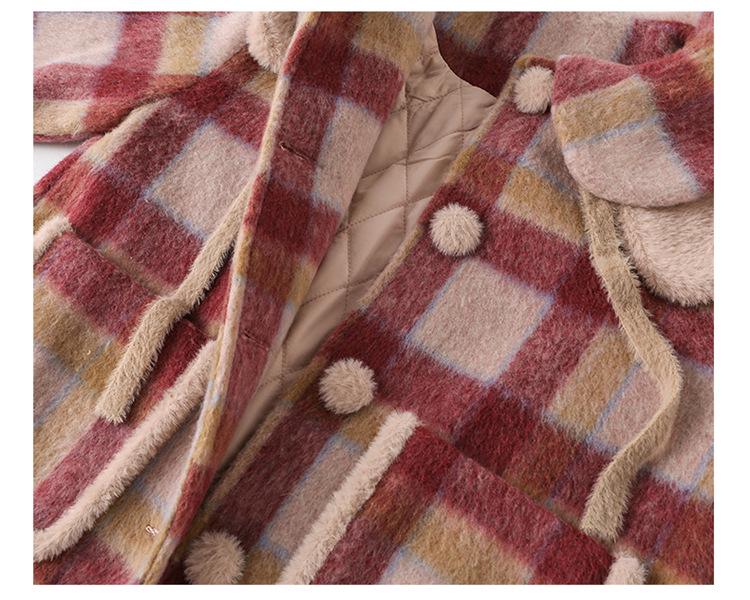 Girls' 2025 Mid-Length Plaid Wool Coat - Thickened for Autumn/Winter Warmth