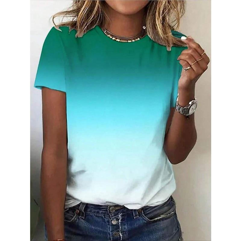 Gradient T-shirt Women's Summer Outdoor Fashion Round Neck Short Sleeve Tops Gradient Trendy Style OverSize Loose Women Clothing