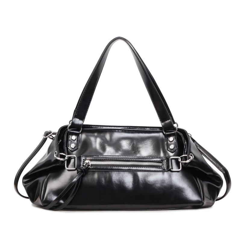 Блестящая сумка-даффл из искусственной кожи Женская модная сумка-тоут через плечо с передним карманом на молнии