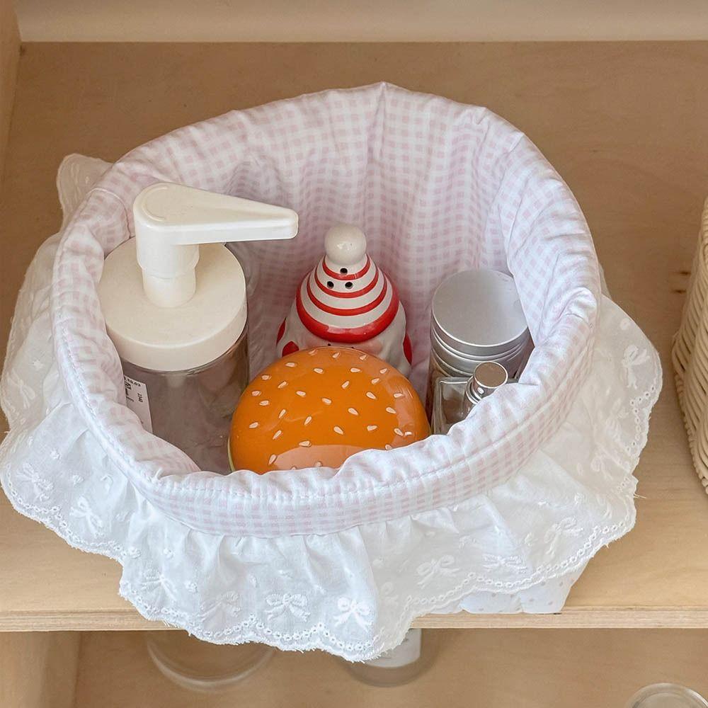 Cute Quilting Cotton Cloth Storage Basket Pink Dots Lace Desktop Storage Basket Foldable Oval Storage Box Home Decor