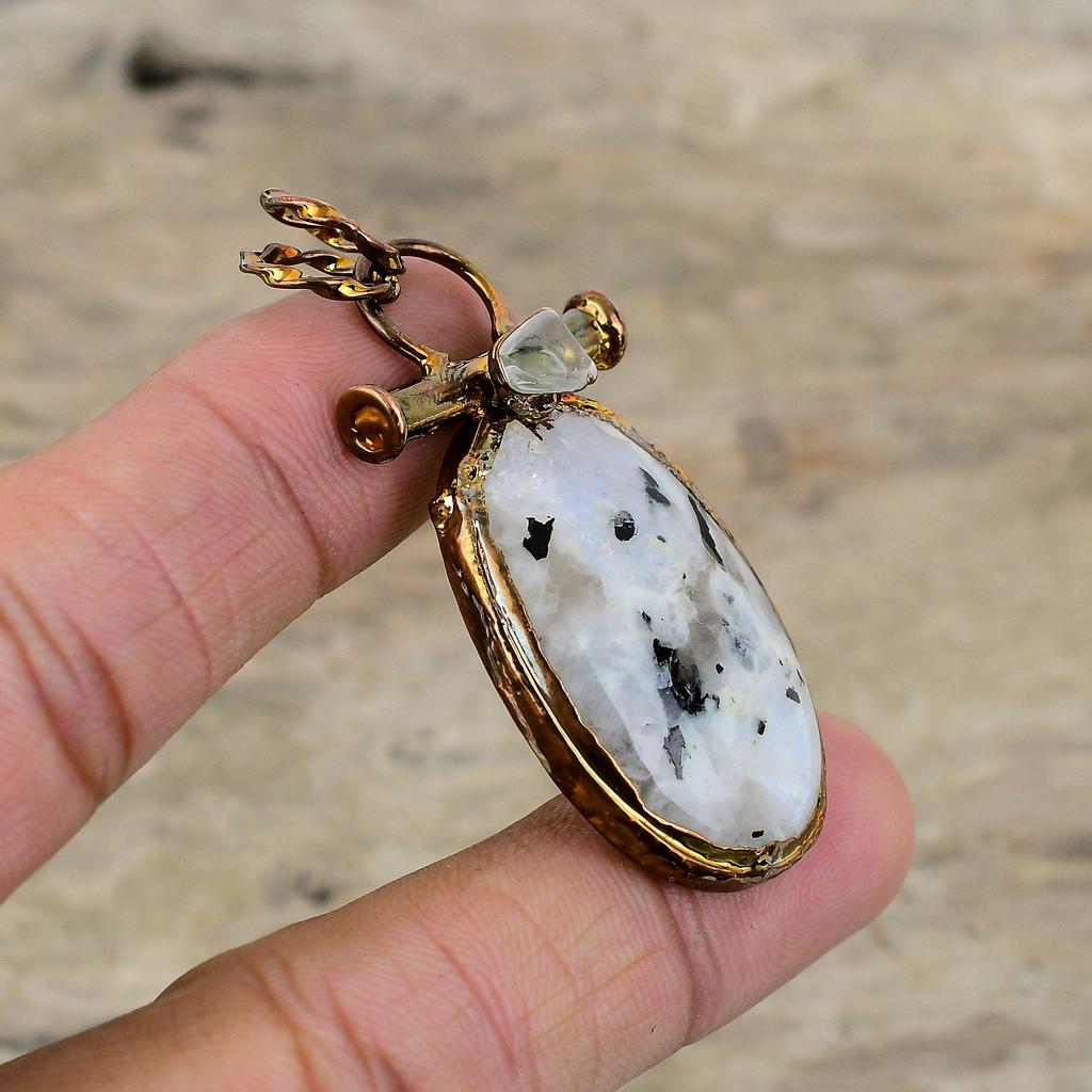 Кулон Rainbow Moonstone, гальванопластическая медная подвеска, изящная подвеска из драгоценного камня, гальванопластическая бижутерия, подарок на годовщину, подвеска ручной работы в стиле бохо