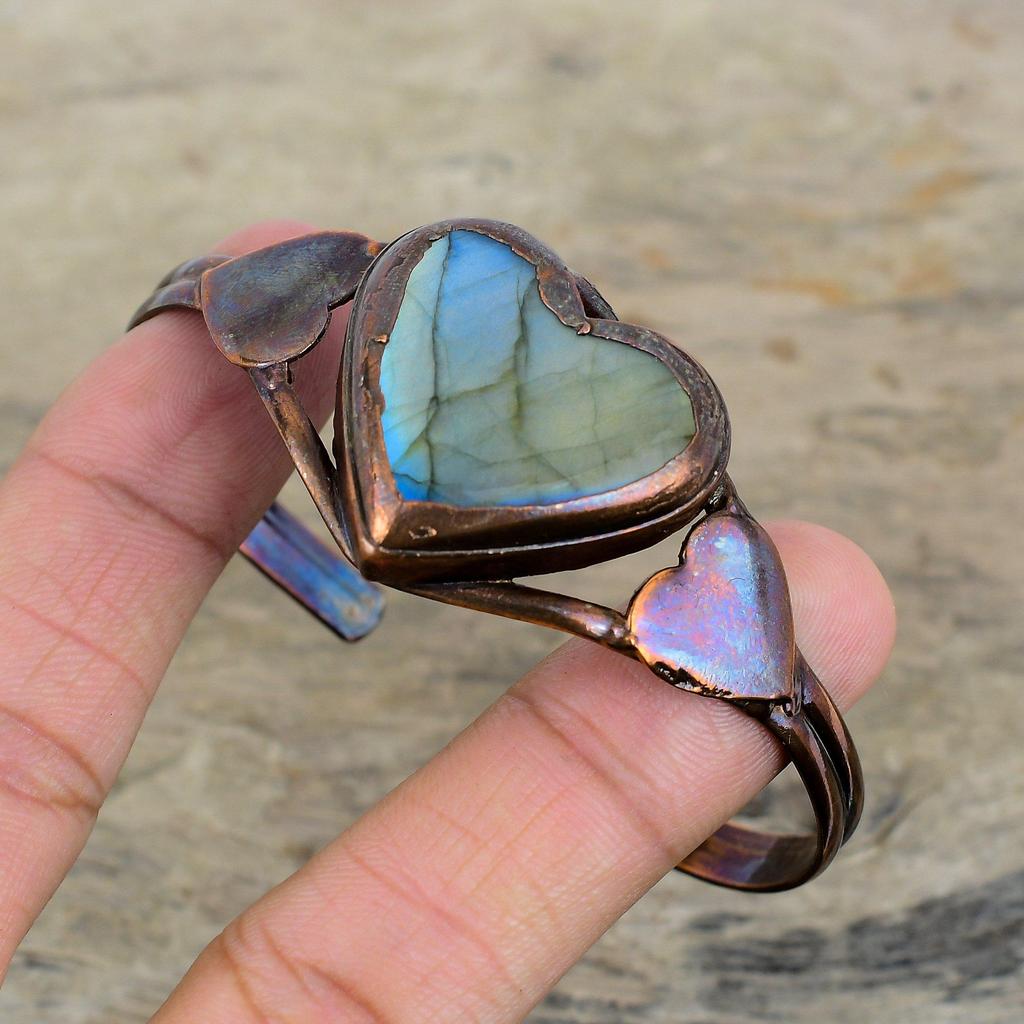 Браслет-манжета из лабрадорита, гальванопластированная медь, регулируемый браслет-бэнгл, браслет с драгоценным камнем, медные украшения ручной работы, украшения из лабрадорита, подарки для нее