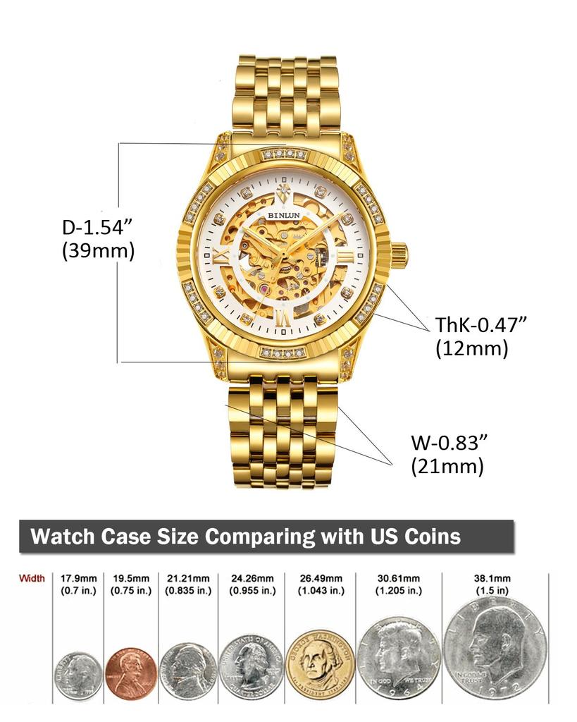 Часы BINLUN, автоматические механические, скелетонированные, золотые, автоматические, позолоченные, 18-каратного золота, роскошные, мужские, двухсторонние, мужские (Полный скелет)