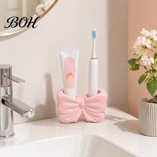 No Drill Bathroom Accessory 3D Printed Bow Toothbrush Holder, Adhesive Cup with Dual Holes for Double Hole Holder & Toothpaste, Cute Organizer Decor,