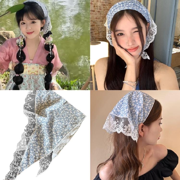 Floral Pattern Hairband with Sheer Lace Trim Camping Photography Girl Kerchief