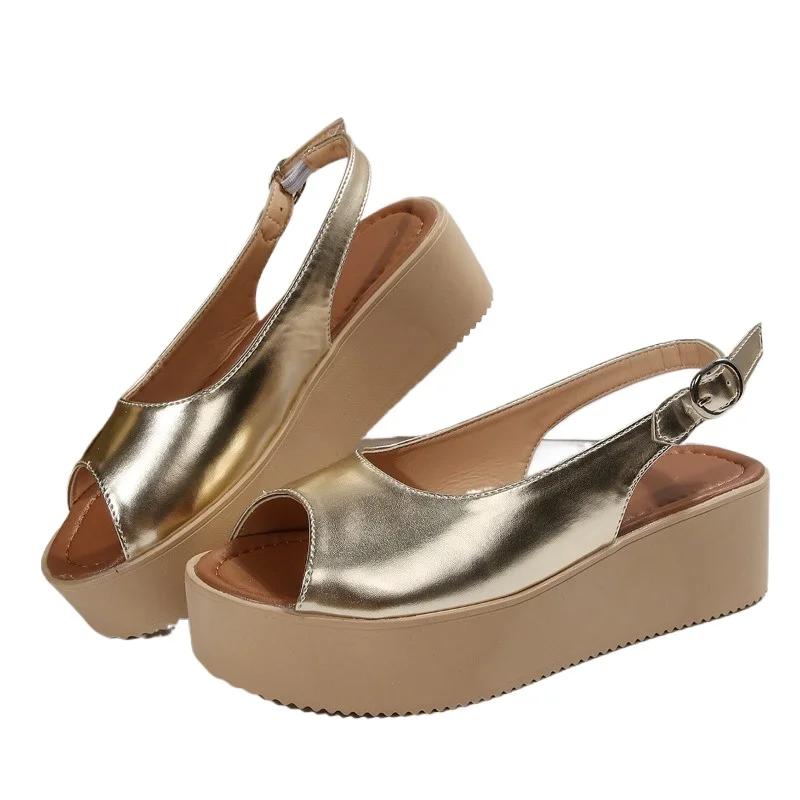 Большой размер 2025 Летние женские босоножки с открытым носком Платформа Ремешок с пряжкой На плоской подошве Сандалии Лаконичная Повседневная Ежедневная Горячая Распродажа Римская обувь