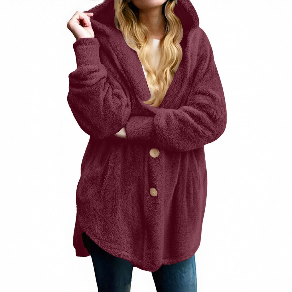Women's Fashion Solid Color Pocket Button Hooded Plush Coat