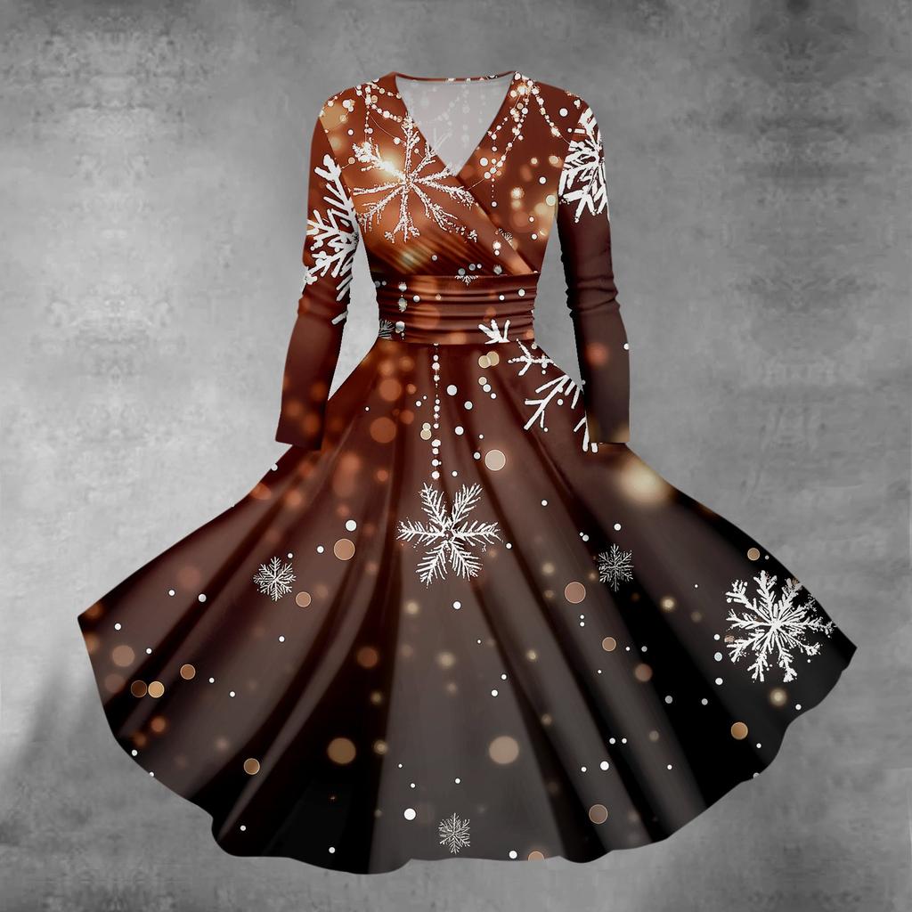 Женское облегающее платье свободного кроя с принтом рождественской елки и снежинок, V-образным вырезом и длинными рукавами