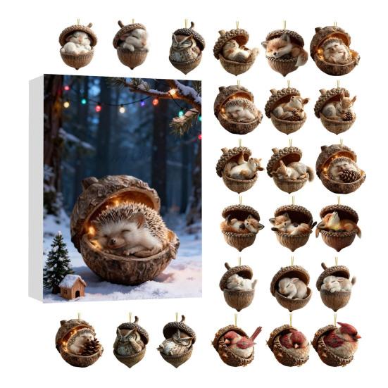 2025 Лесные животные Желуди Украшения Адвент-календарь 2D Акрил Уютный Лес Набор Рождественских украшений Шишка Животное Обратный отсчет Украшение для Рождественской елки
