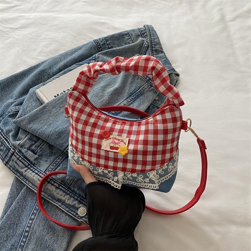 Broken Lace Cloud Bag Hand Bag New Summer Fresh Plaid Splicing Chain Messenger Bag Single Shoulder