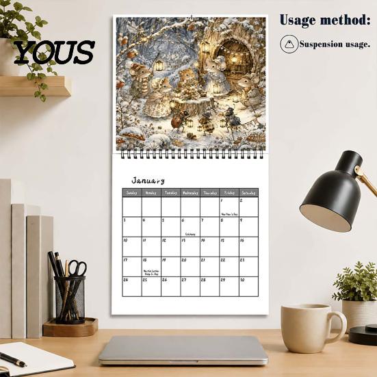 Настенный календарь 2027 года Brambly Hedge Calendar, 12-месячный подвесной планировщик с винтажной записной книжкой для академического года, Лесная мышь, Гриб, Акварель