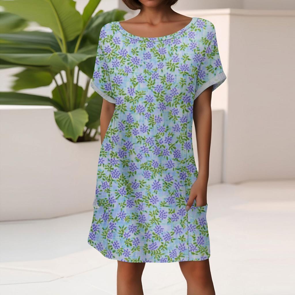 Women's Fashion Short Sleeve Dress With Pockets Floral Print Casual Beach Dress