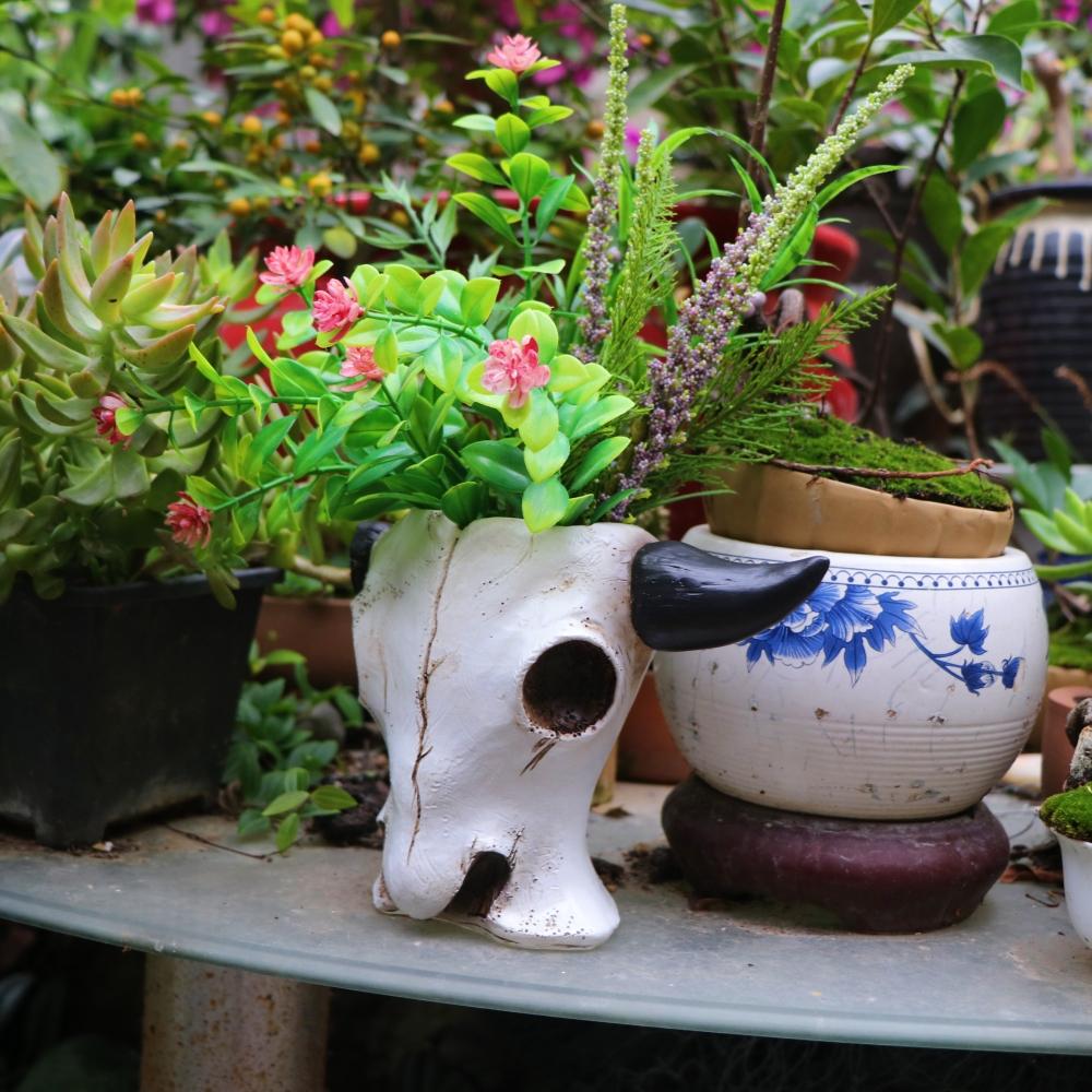 Resin Bull Head Skull Flower Pot Home Garden Decoration Planter Container Desktop Creative Retro Bull Head Statue Vase Ornament