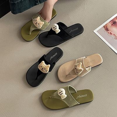 Милые мультяшные шлепанцы с котенком и рыбкой, женские летние ретро повседневные нескользящие дышащие универсальные сандалии для ног