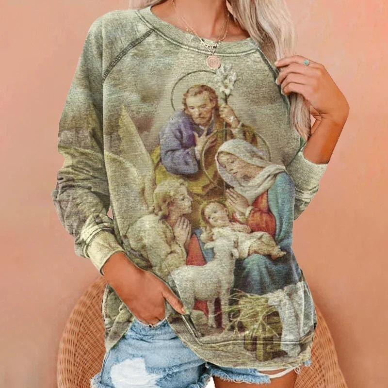 Толстовки Иисус Христос Дева Мария 3D Принт Худи Женские Лонгсливы Y2k Худи Оверсайз Пуловеры Топы Женская Одежда