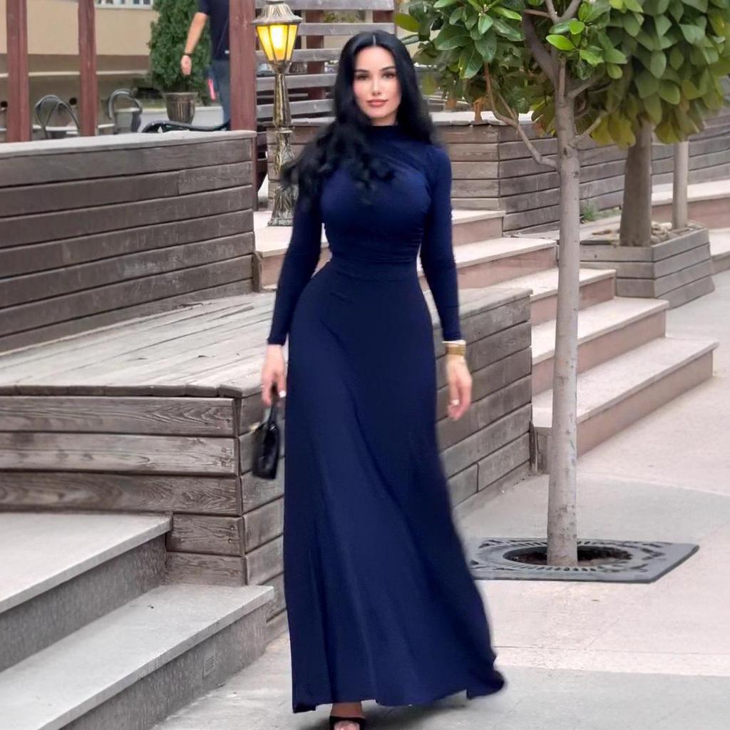 Элегантное осеннее платье 2025 года в европейском и американском стиле для женщин, с длинным рукавом, круглым вырезом и облегающим талию силуэтом