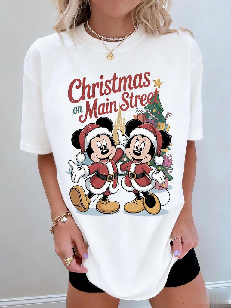 Disney Mickey Minnie Mouse Christmas T Shirt Women 2026 New Casual Cotton Tee Vintage Graphic Print Cute Cartoon Disneyland Tops