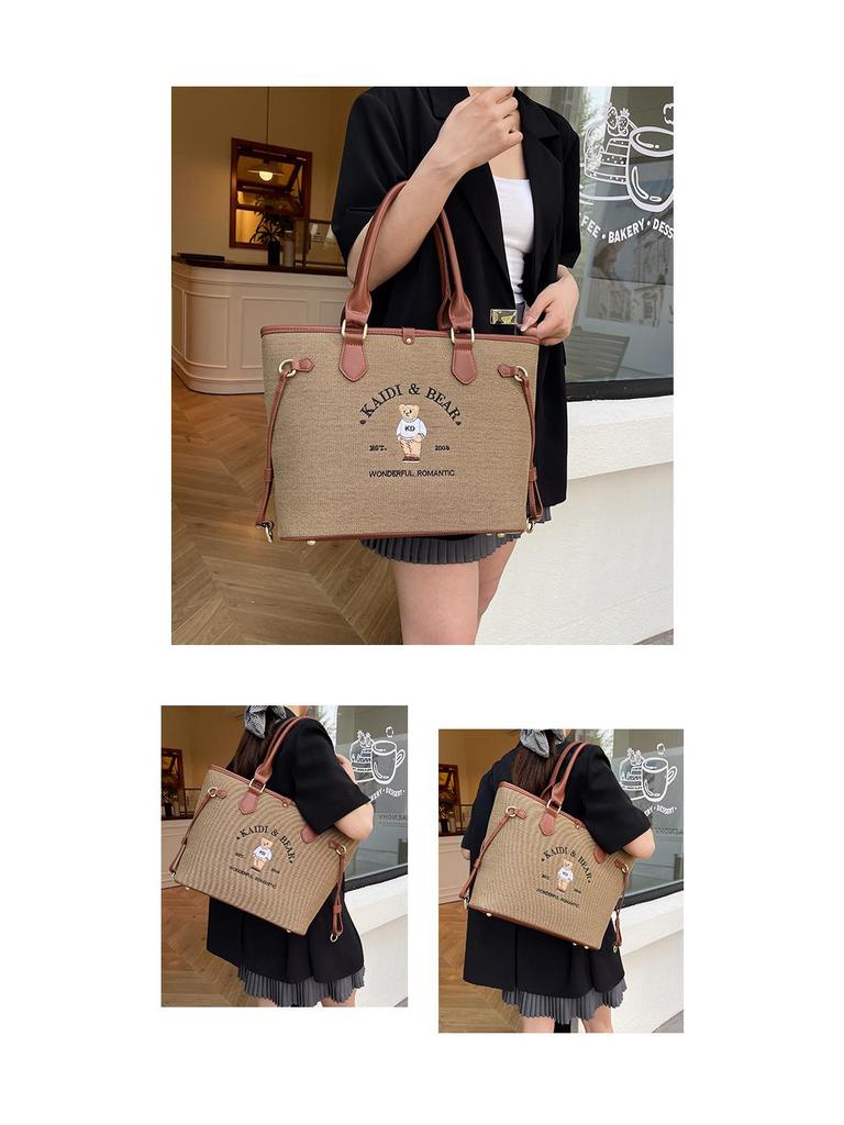Katie Bear Retro Embroidery Color Block Large Capacity Shoulder Tote Bag 2025