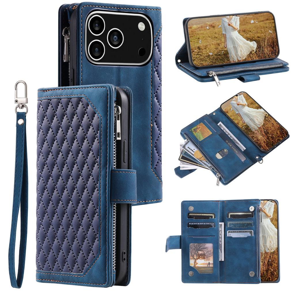For iPhone 17 Pro Wallet Case Rhombus Stitching Line PU Leather Phone Cover with Wrist Strap