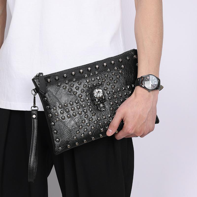 Men's Envelope Handbag Wallet Personalized Punk Rivet Shoulder Messenger Bag Black Portable Lightweight Handbag